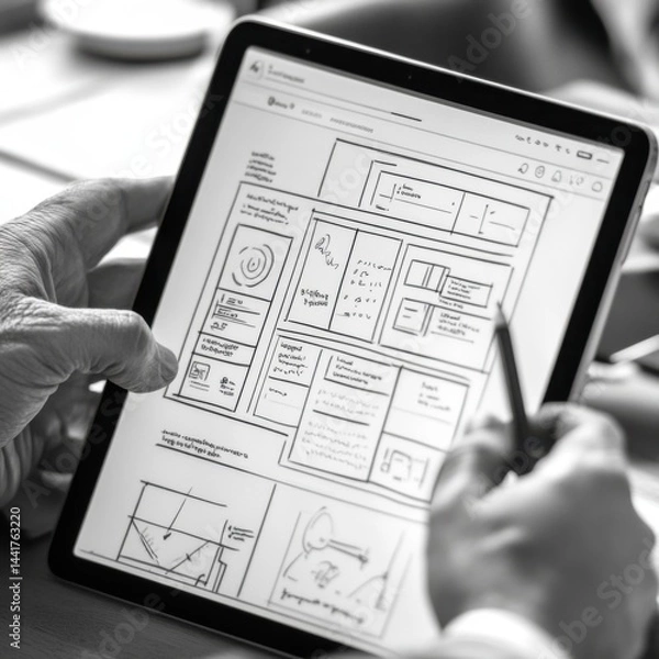Fototapeta Digital sketch of a website layout on a tablet creative design process user centered design approach