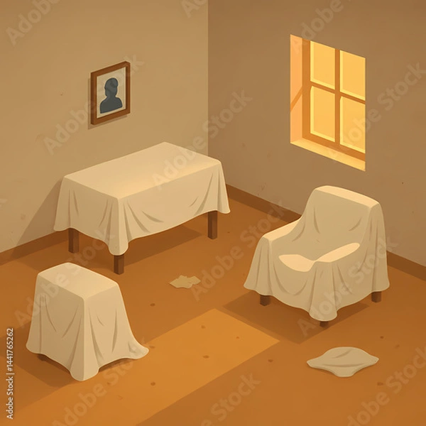 Fototapeta An old room with objects covered in sheets, dust, and a single photograph on the wall. Dim lighting and long shadows. A sense of a pause in time.
