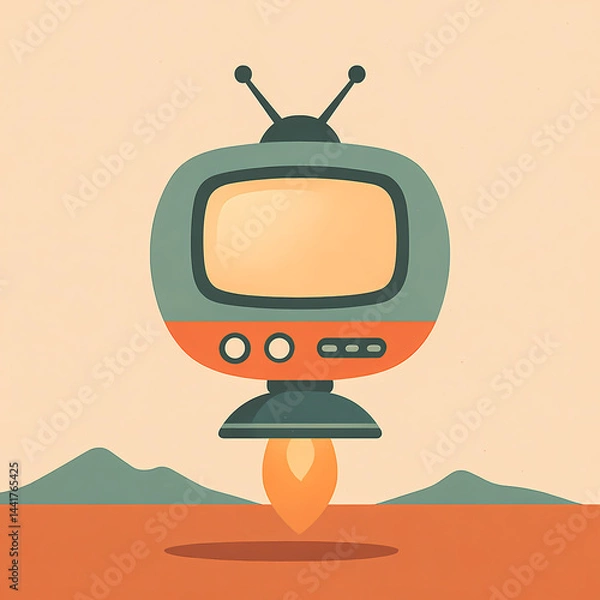 Obraz A floating disc-shaped television with analog knobs and glowing screen, hovering over desert landscape. Tribute to both UFO tropes and retro appliances.