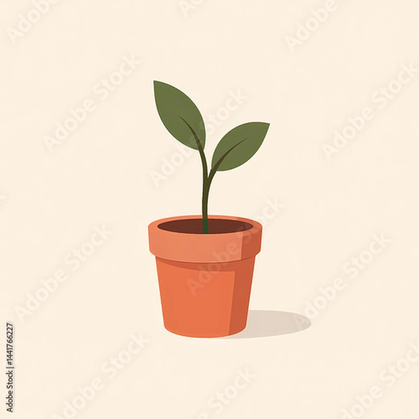 Fototapeta A young plant sprouting from a small pot. A minimalist vector illustration symbolizing hope, growth, and renewal.