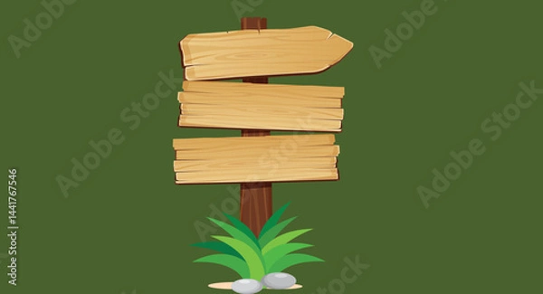 Obraz Flat design illustration of a forest road sign surrounded by greenery, bushes, and rocks on the ground, symbolizing nature, navigation, and outdoor adventure in a peaceful, natural setting.