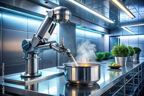 Obraz Futuristic Kitchen Robot Chef: Robotic Arm Cooking Soup, Modern Culinary Technology, AI Cooking