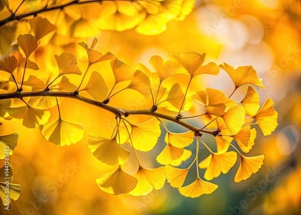 Obraz Ginkgo Biloba Tree Branch, Long Exposure Photography, Autumn Leaves, Yellow Ginkgo, Nature Photography, Fall Foliage, Golden Leaves, Bright Yellow, Tree Branch, Close Up, Macro Photography