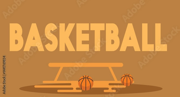 Obraz Flat design illustration of a basketball bench with multiple basketballs scattered on the ground, capturing a sporty court-side moment in a clean and minimal style on a solid background.