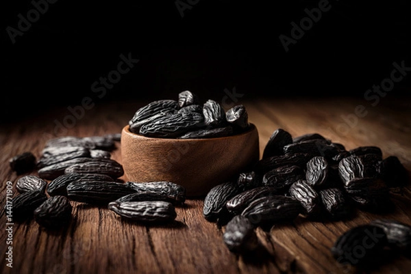 Obraz Tonkabohnen in einer Holzschüssel,