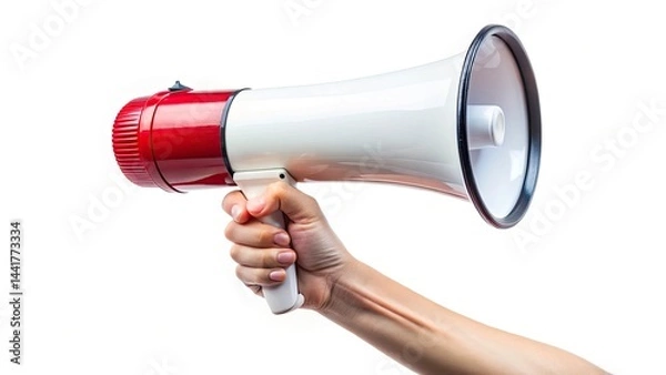 Obraz Hand Holding Megaphone, White Background, Loudspeaker Announcement, Public Address System, Speech, Communication, Protest, Rally