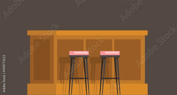 Obraz Flat-style illustration of a modern bar inside a lively club, featuring high stools lined up at the counter, soft lighting, and a vibrant nightlife atmosphere with bottles and glassware on shelves.