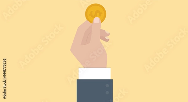 Obraz Flat design illustration of a hand holding a coin, showcasing the coin's details and the gesture of giving or receiving, with a clean and minimalist style against a solid background.