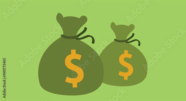 Obraz Flat design illustration of green bags filled with money, isolated against a clean background, symbolizing wealth, savings, and financial success in a minimalist and modern style.