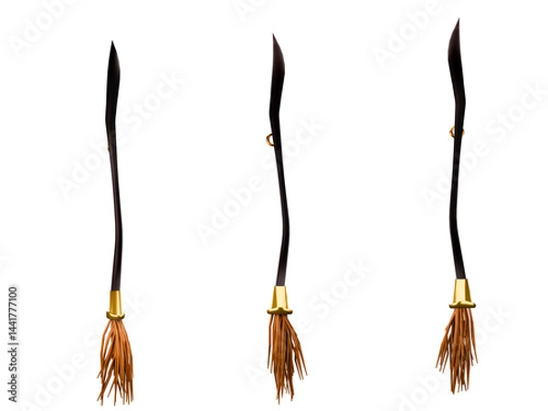 Fototapeta A sleek, modern broomstick featuring golden accents and intricate design. Its sharp bristles symbolize powerful magic and speed. Isolated on white background Clipping path.