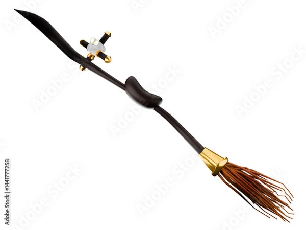 Fototapeta A sleek, modern broomstick featuring golden accents and intricate design. Its sharp bristles symbolize powerful magic and speed. Isolated on white background Clipping path.