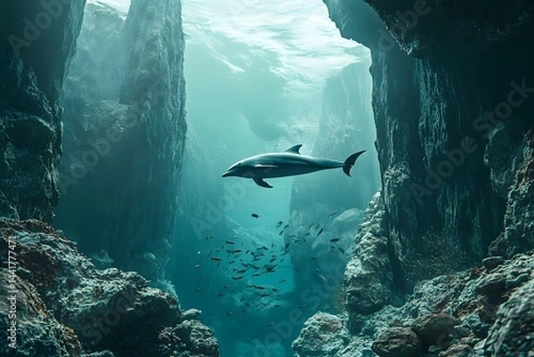 Obraz A dolphin swims through a narrow underwater canyon with a school of fish in the turquoise water