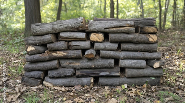 Fototapeta Stacked chopped firewood with rustic texture, conveying natural simplicity and warmth.