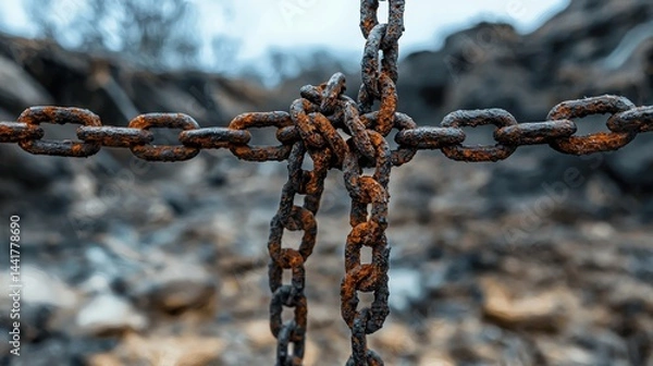 Fototapeta Macro photography of abandoned landscapes rusty chains symbolizing resilience and gloom