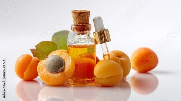 Fototapeta Bottles of essential oil and ripe apricots isolated on white background