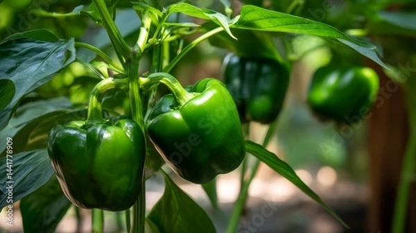 Fototapeta Summer sun nurtures bell peppers, adding green to the table.