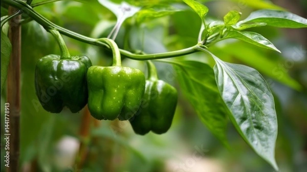 Fototapeta Summer sun nurtures bell peppers, adding green to the table.