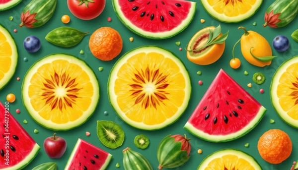 Fototapeta Juicy and delicious fruit pattern with watermelon, cantaloupe, and honeydew.