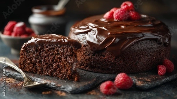 Fototapeta Slice of chocolate cake with chocolate sauce.