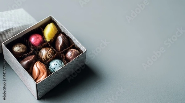 Fototapeta Box with chocolate candies on grey background