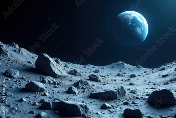 Fototapeta Rugged moon terrain, scattered space rocks, tiny blue Earth Sharp contrast, dark sky , astronomy, meteorites