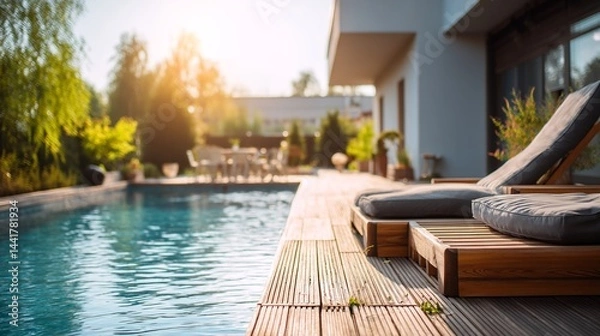 Fototapeta Modern outdoor pool with clean lines, soft light, and blurred greenery -- minimalist serenity in architectural harmony