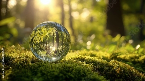 Fototapeta crystal globe on moss in a forest - environment concept