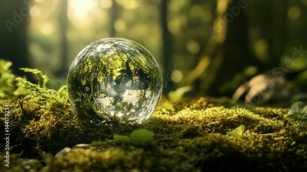 Fototapeta crystal globe on moss in a forest - environment concept