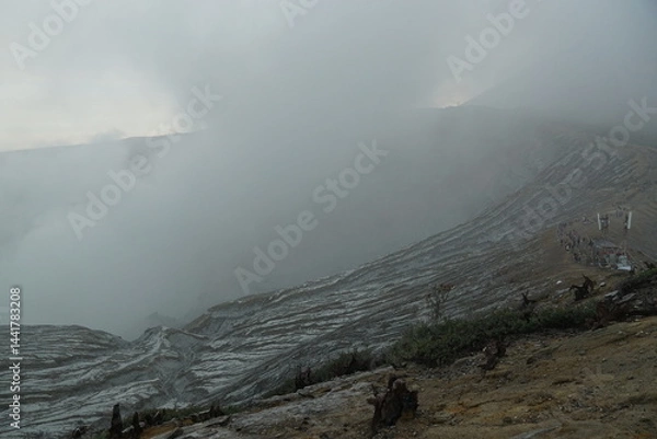 Obraz Volcanic eruption exploration ijen crater nature documentary foggy environment aerial view geological phenomena