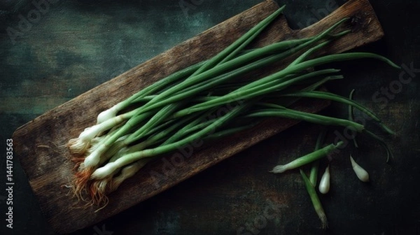 Obraz Fresh green onion on black wooden background