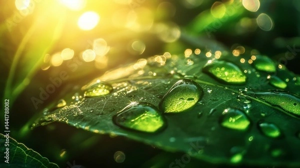 Fototapeta Large beautiful drops of transparent rain water on a green leaf macro