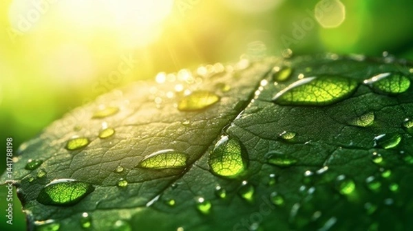 Fototapeta Large beautiful drops of transparent rain water on a green leaf macro