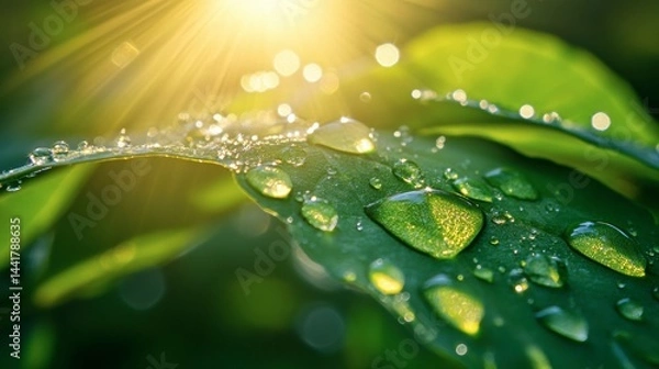 Fototapeta Large beautiful drops of transparent rain water on a green leaf macro