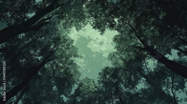 Fototapeta Looking up at the green tops of trees
