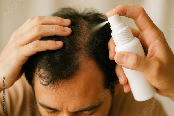 Obraz Man Applying Hair Treatment Spray to Receding Hairline for Hair Growth