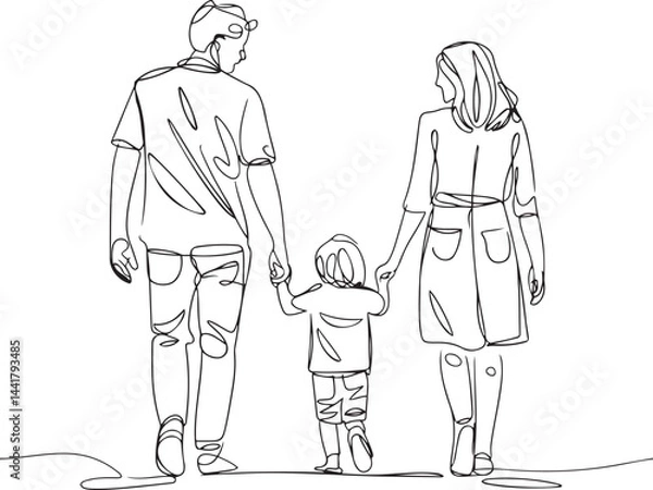 Fototapeta Minimalist black linear sketch of a happy family with parents and a child holding hands walking together depicted in continuous line art drawing style isolated on white background