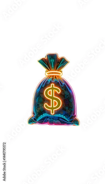 Fototapeta A neon money bag bouncing on a digital grid floor, leaving behind trails of fluorescent blue and green light.

