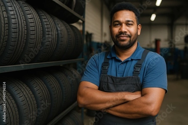 Obraz Mechanic's Pride: A confident mechanic stands with folded arms in front of a shelf stacked with tires, embodying expertise and reliable service within an industrial environment.