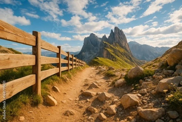 Fototapeta Trail to Serenity: A winding path, embraced by a rustic fence, leads the viewer's eye towards a majestic mountain peak, under a sky filled with gentle clouds.