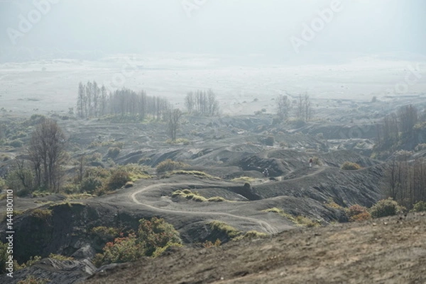 Fototapeta Desolate landscape recovery after volcanic eruption abandoned terrain nature photography aerial view resilience in adversity