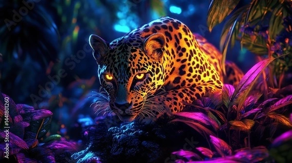 Fototapeta Majestic jaguar glowing in vibrant neon jungle intense gaze dark background digital art
