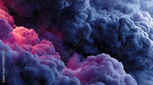 Fototapeta Heavenly Cloudscape: A captivating scene of billowing clouds, masterfully blending shades of purple and blue, creating an ethereal atmosphere with radiant, warm lighting that evokes a sense of wonder.