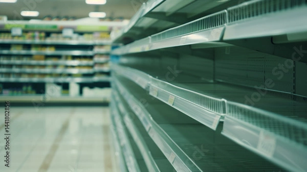 Fototapeta Empty supermarket shelves with bare metal rack, minimalist composition showing scarcity and lack of products. Concept of supply chain issues, retail challenges and economic crisis.