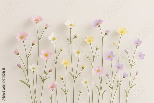 Fototapeta Floral Symphony: A collection of delicate blossoms with varying hues dances across the scene, their vibrant colors and intricate forms evoking a sense of spring's renewal and natural artistry.