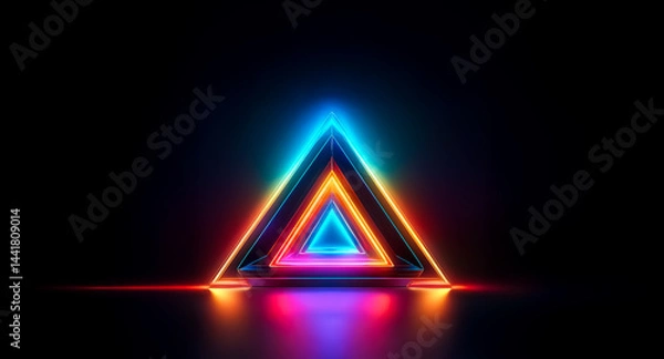 Fototapeta Vibrant neon triangles, layered and glowing, cast colorful reflections on a dark, reflective surface.  A captivating display of light and geometry.