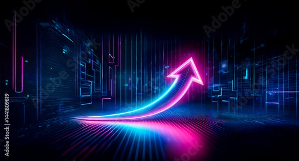 Fototapeta A vibrant, upward-trending neon arrow glows against a dark, futuristic cityscape backdrop.  The arrow's luminescence reflects on the ground, creating a dynamic, energetic scene.