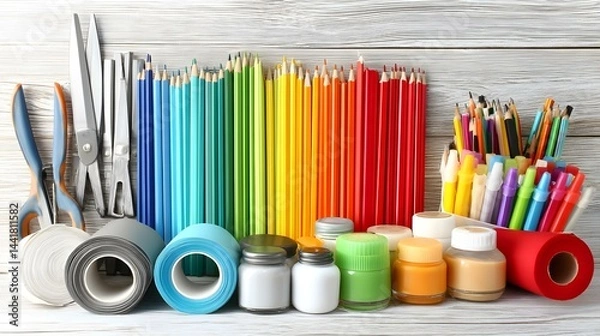 Obraz paper crafts scattered on a preschool art table with scissors glue and markers