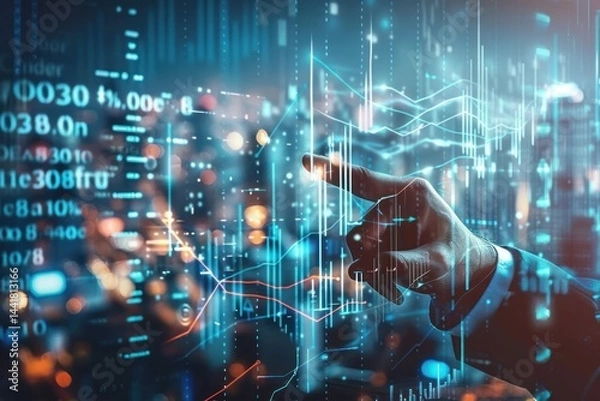 Obraz hand interacting with futuristic digital financial graphs and data visualizations with glowing blue and orange light effects on transparent digital interface, symbolizing technology and data analysis