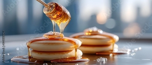 Fototapeta A stack of pancakes with honey dripping from them
