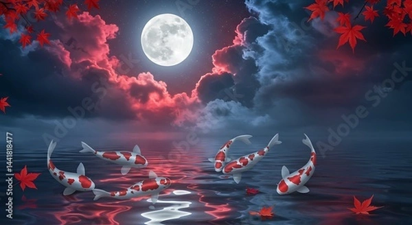 Fototapeta Night Moon Koi Tattoo Asian Art
Majestic koi under a full moon with floating maple leaves and dramatic clouds, captured in a glowing Japanese ink wash painting style